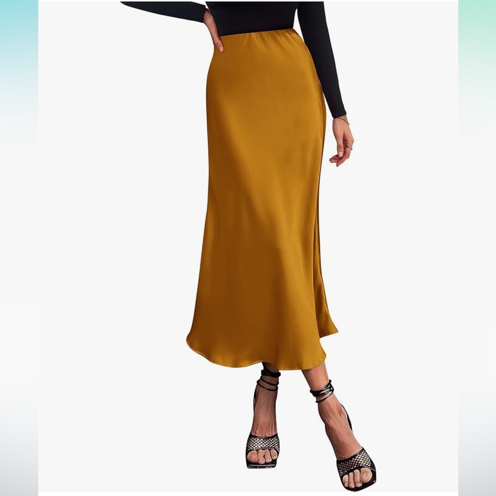 BTFBM Satin Elegant High Waist Cocktail Party Wedding Flared A-Line Midi Skirt
